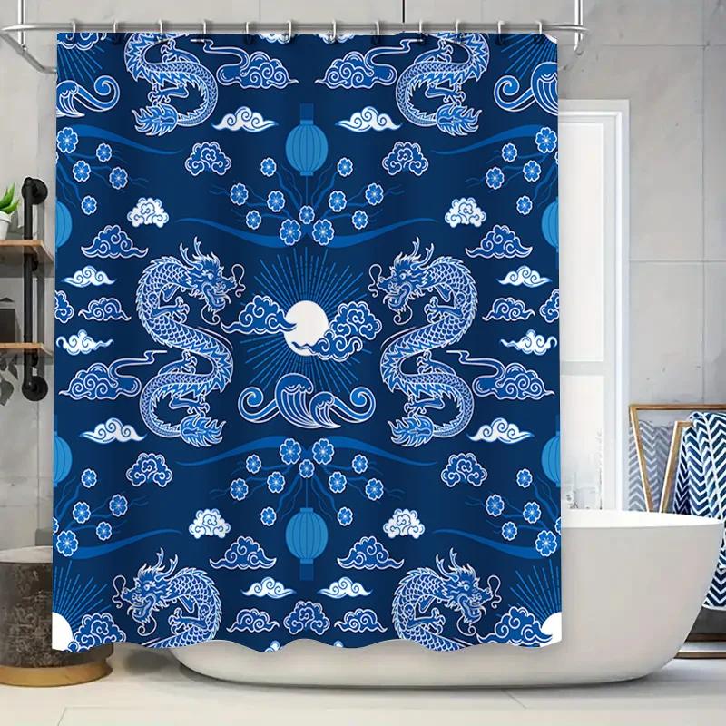 Exquisite Blue and White Ceramic Patterns Shower Curtain with Dragon Design Bathroom Decor for Home W90xH180cm