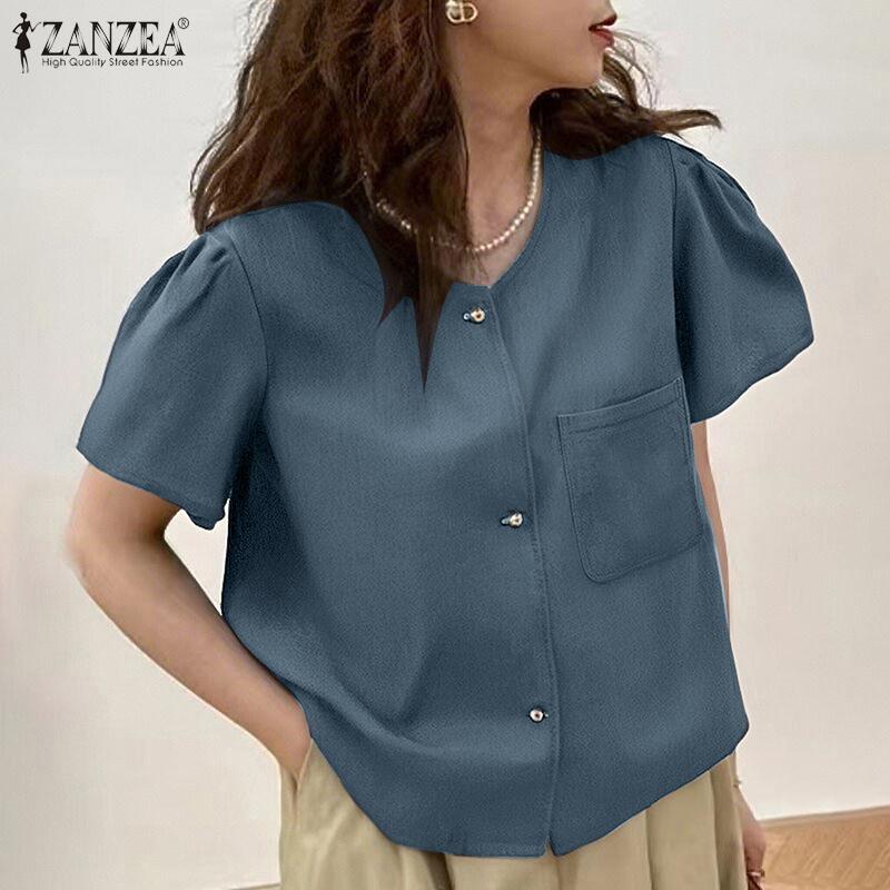 ZANZEA Women Casual Round Neck Button Short Sleeve Blouse