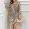 Women Plus Size Asymmetric Cold Shoulder Long Sleeve Dusty Purple Gold Glitter Print Irregular Wrap Bodycon Midi Dress