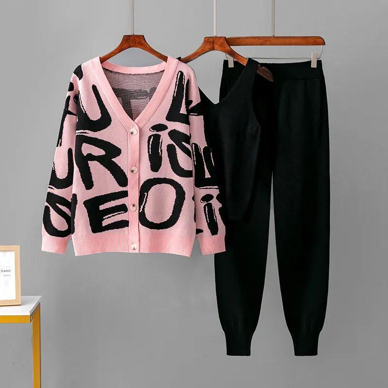 

Cross-Border Amazon Jacquard Three-Piece Set Wool Suit Cardigan Knitted Pants set Letters Casual Loose Pink All yards