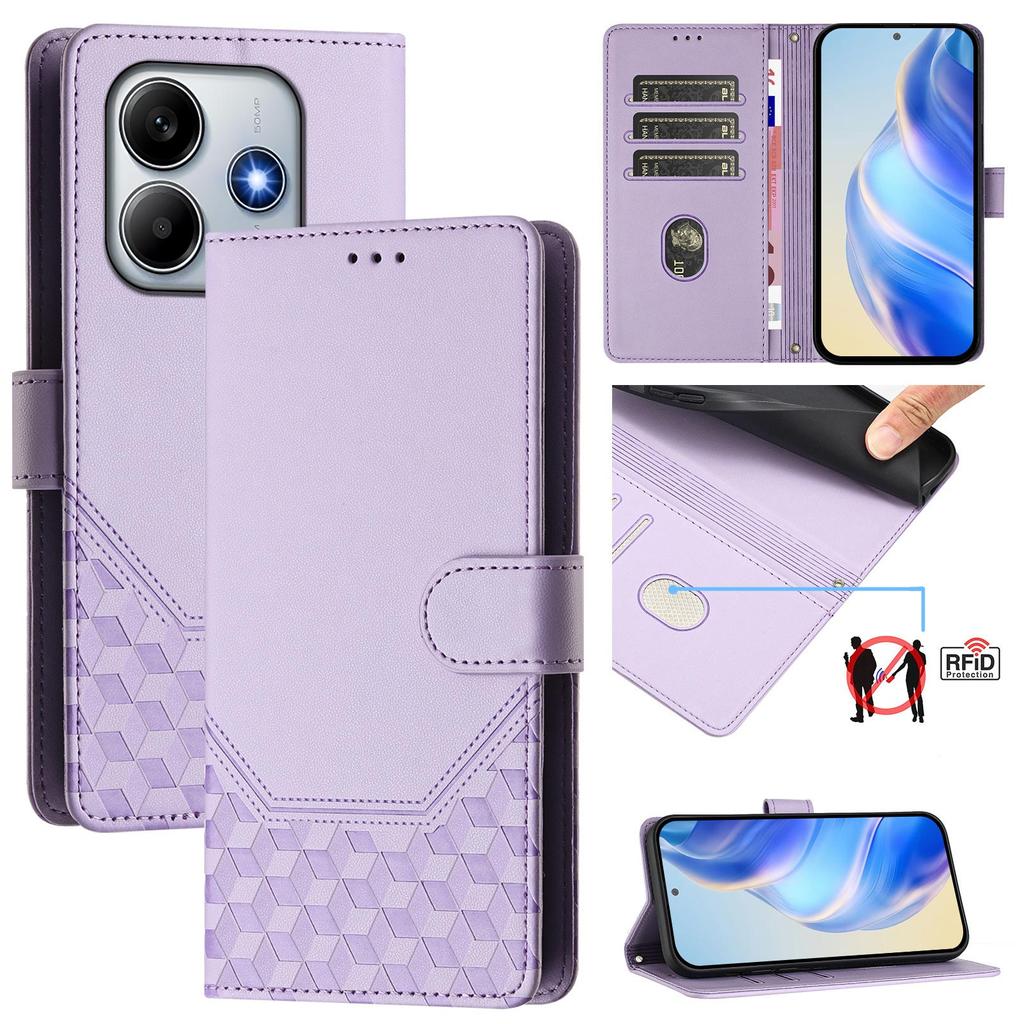 For Xiaomi Redmi Note 14 5G Case Imprinted Honeycomb RFID Blocking Leather Phone Cover with Strap