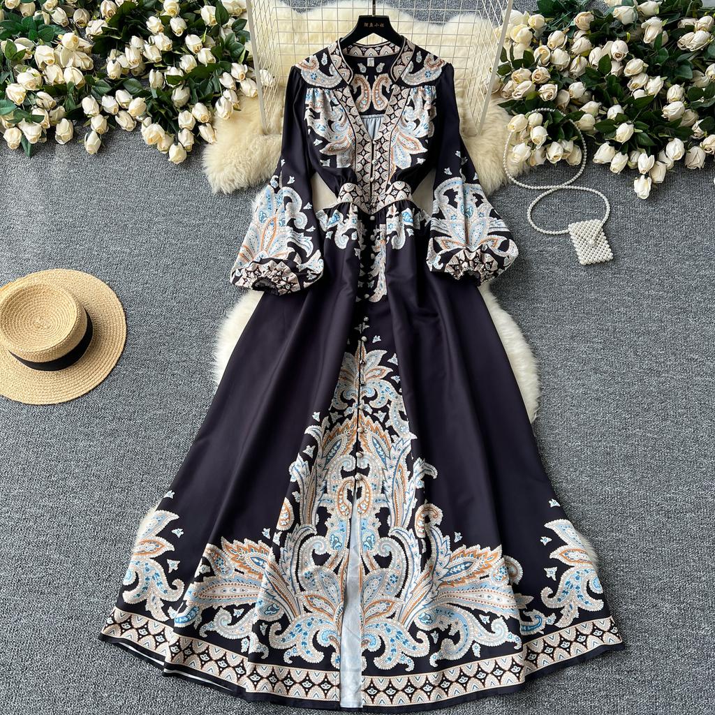 Francouzské retro elegantní dlouhé šaty dámské ve společenském stylu s potiskem paisley dámské Dlouhé šaty do V s výstřihem do V