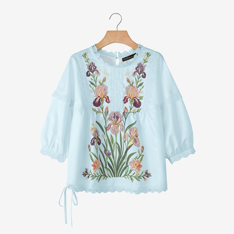 ZANZEA Women Lace Splice Round Neck Floral Print Casual 3/4 Sleeve Blouse