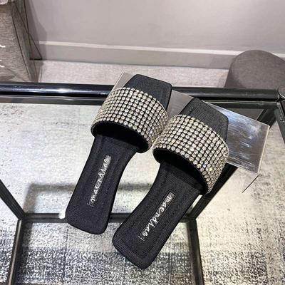 Rhinestone Flat Bottom One-word Slippers for Women To Wear 2025 Summer New Fashion Square Head Open-toed Sandals, Foreign Style Home Niche
