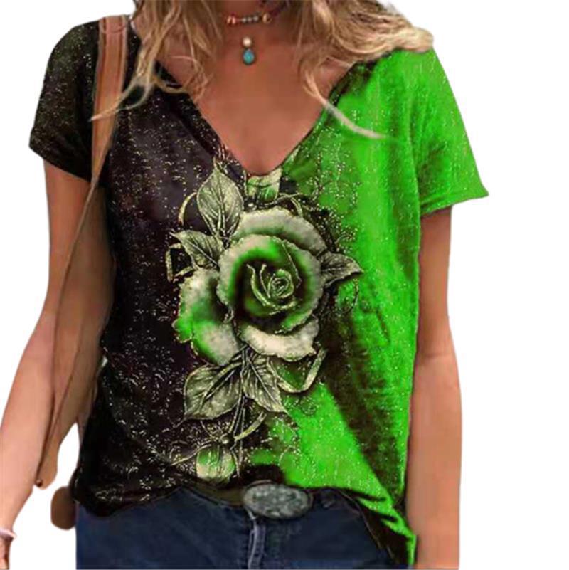 Summer Refreshing and Comfortable V-neck 3D Rose Print Casual Short Sleeved Loose Women's T-shirts