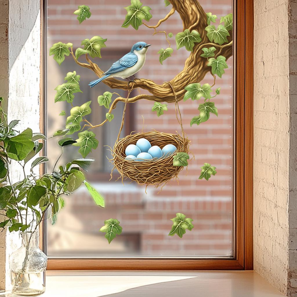 Forest Style Bird Nest Window Sticker with Leaves and Flowers, Self-Adhesive Glass Decoration for Door and Window, Home Decor Vinyl Cling