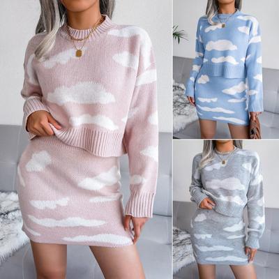 Autumn and Winter Print Cloud 2 Piece Knitted Sweater Skirt Set Women Fashion Slim Fit Two Piece Skirts Sets Ladies Elegant Vintage Skirt Suits 25138