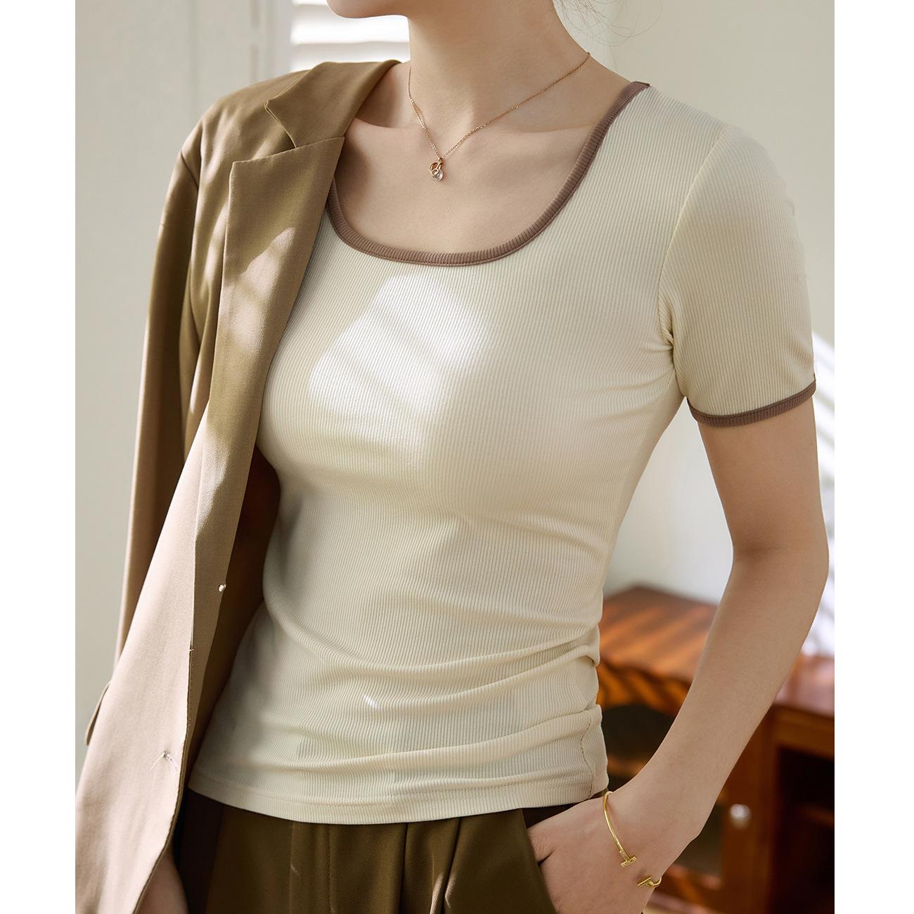 

Высокоэластичная хлопковая футболка с квадратным вырезом и резьбой, женская футболка с короткими рукавами, новинка 2024 года, облегающая рубашка в тон в стиле ретро, ​​в тон XXL абрикосовый