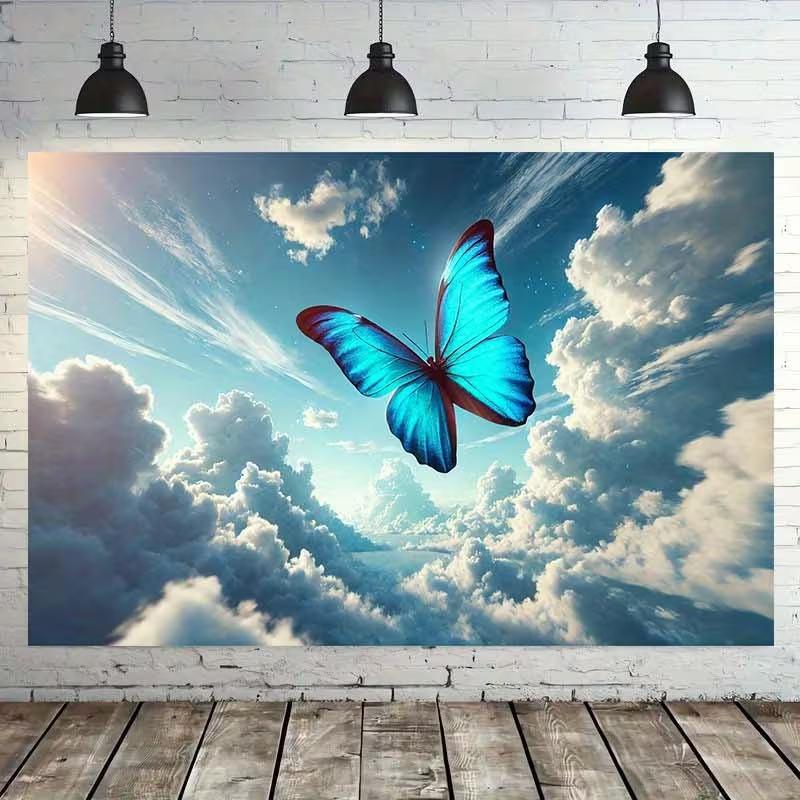 2D Flat Printing Blue Morpho Butterfly Backdrop Sky Cloud Party Background