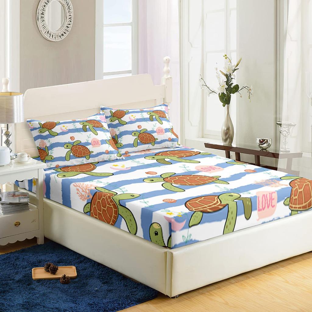 Meeresschildkrötenmuster Bettlaken Dreiteiliges Digital bedrucktes Laken Bettwäscheset Erwachsene Kinder