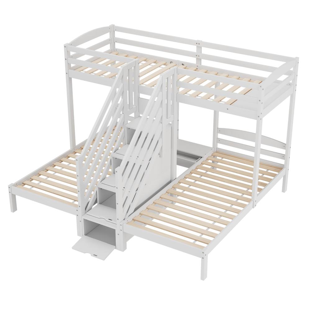 Etagenbett 90x200 3 Kinder EN747 zertifiziert Hochbett Holzbett Stauraumtreppe Jugendbett 3 Betten Lattenrost ohne Matratze Weiß
