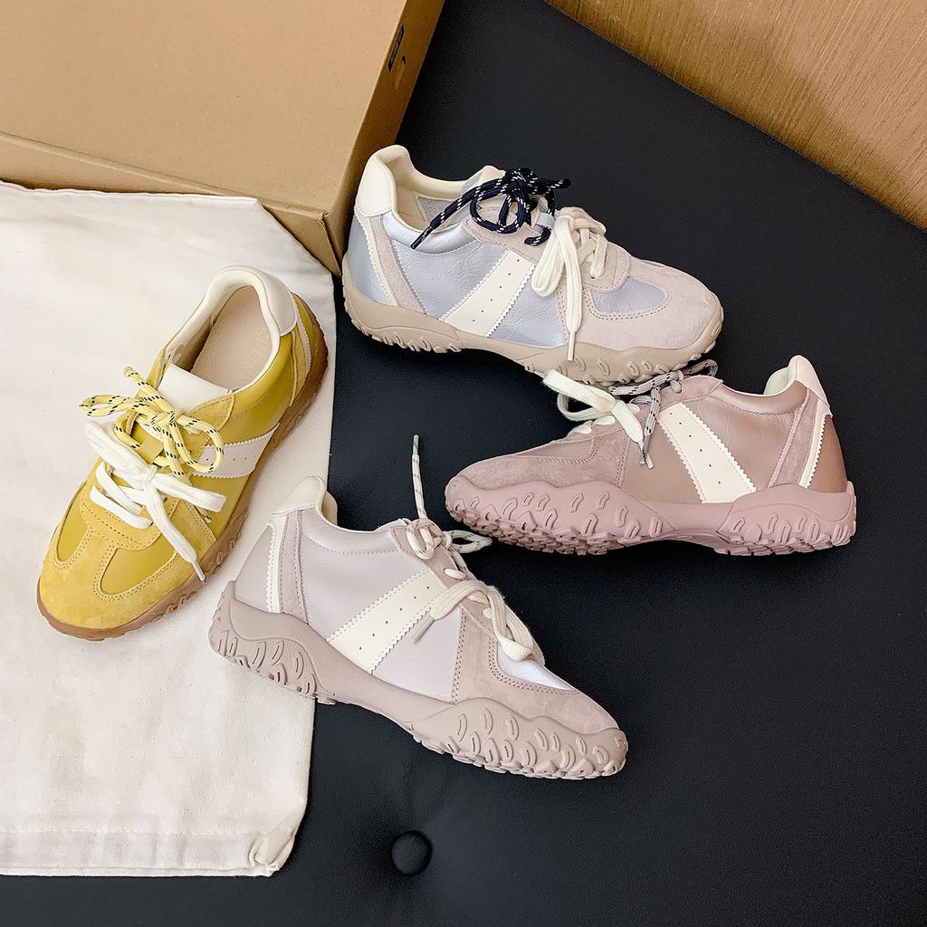 Leather inner height increase, small thick-soled silver German training shoes, women's autumn new casual sports Forrest Gump shoes