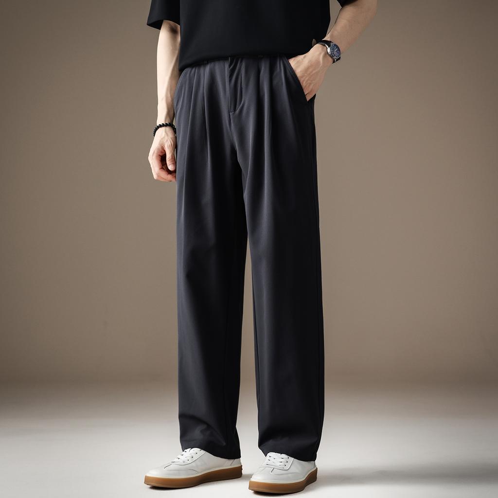 High-end pleated design loose straight pants men's summer thin drape wide legs Japanese simple casual pants