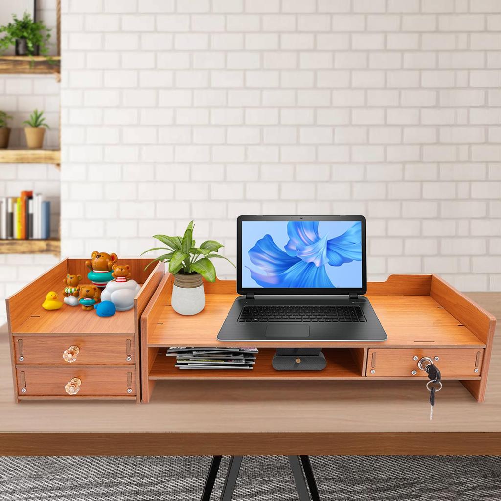Wooden Monitor Stand with 3 Drawers, Lockable Drawer, Desk Riser Computer Monitor Stand for Office Home PC Laptop