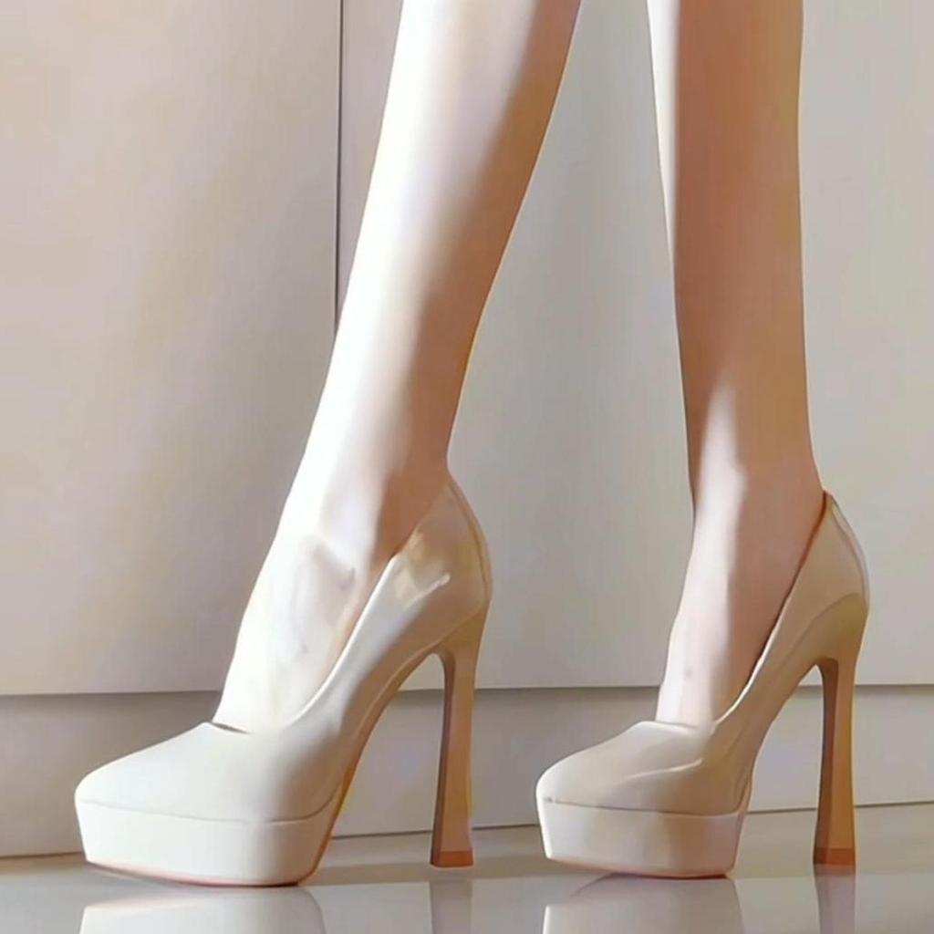 2025 Spring and Autumn New Waterproof Table Nude High Heels Women's Patent Leather Versatile Etiquette Catwalk Thick Heel Not Tired Feet Single Shoes