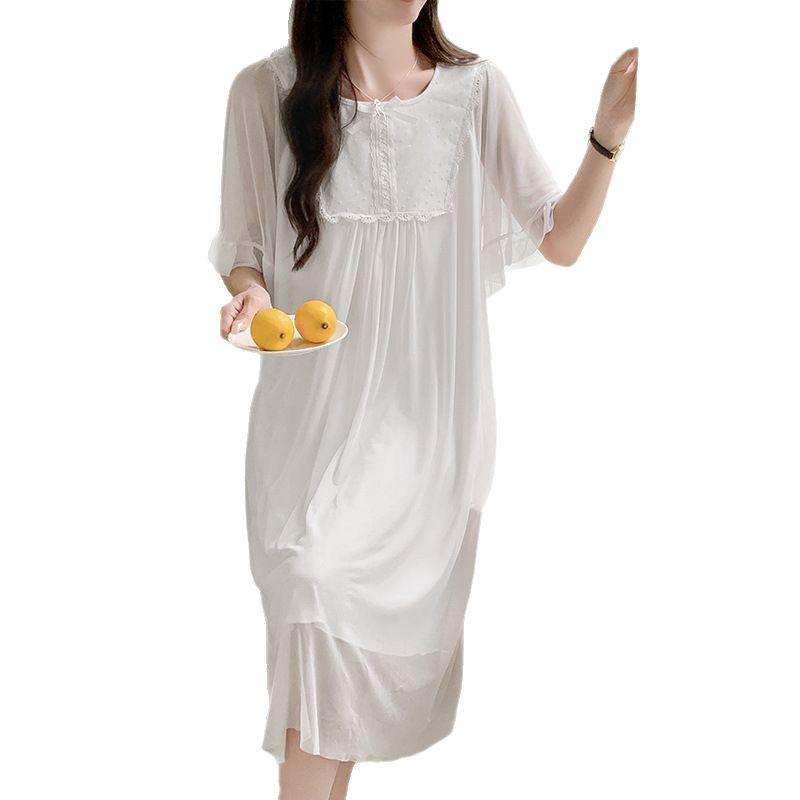 Princess Ling Lei French Nightdress Women'S Summer Mesh Sweet Pure Wind Short-Sleeved Long Dress Pajamas Loungewear