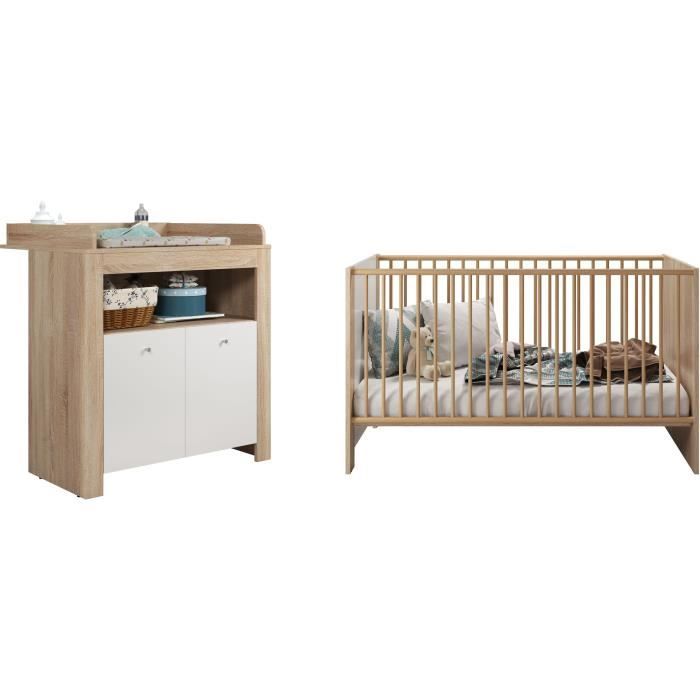 Chambre bébé duo PIA - Lit 70x140 cm + Commode à langer 2 portes - Décor chêne sonoma et blanc mat - TRENDTEAM
