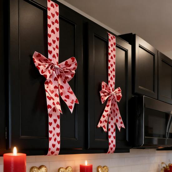 Valentine's Day Decoration Love Heart Bow Hanging Ornament Red Polyester Ribbon for Cabinet Door Wall Festive Home Decor