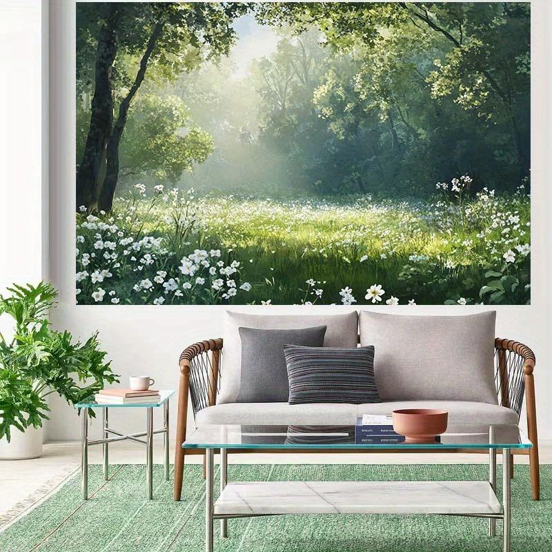 The charming forest and grassland backdrop, along with the sunlit tree canopies and white flowers, is the backdrop for a party