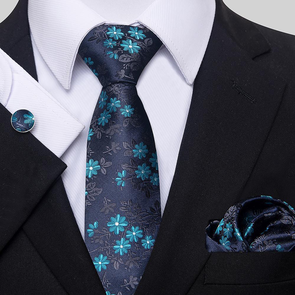 Korean Version Of Casual Floral Tie Men'S Jacquard Polyester Silk Pocket Towel Cufflink Tie Set