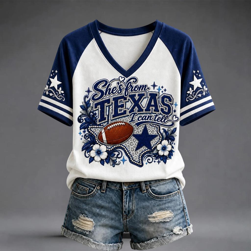Damen Freizeit V-Ausschnitt Kurzarm T-Shirt mit Raglanärmeln und Rugby-Print