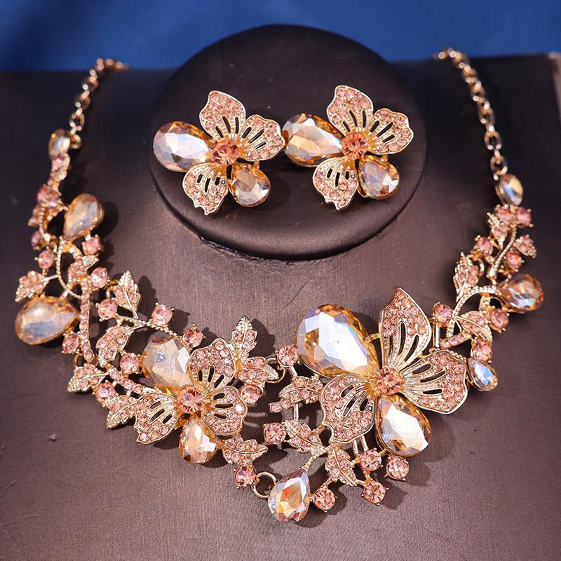 Bauhinia Flower Crystal Jewelry Set Multicolor Earrings Necklace Wedding Women Accessory