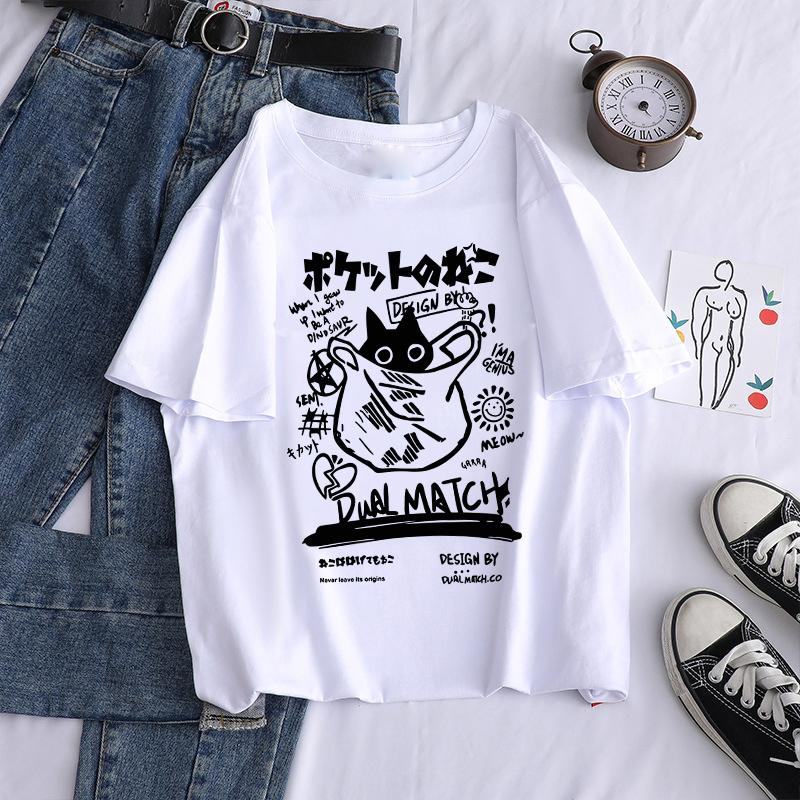 New Men Women Cartoon T-Shirts Harajuku Kawaii Cat Printed Short Sleeve Tees Couple Streetwear Clothes Y2K Tops Graphic T Shirts