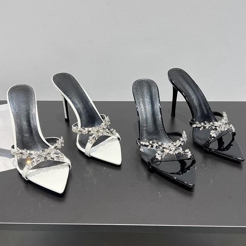 Fashion Rhinestone Sandals Women Summer New Pointed Toe Open Toe Patent Leather Cross Strap One Strap Stiletto Heel High Heel Half Drag