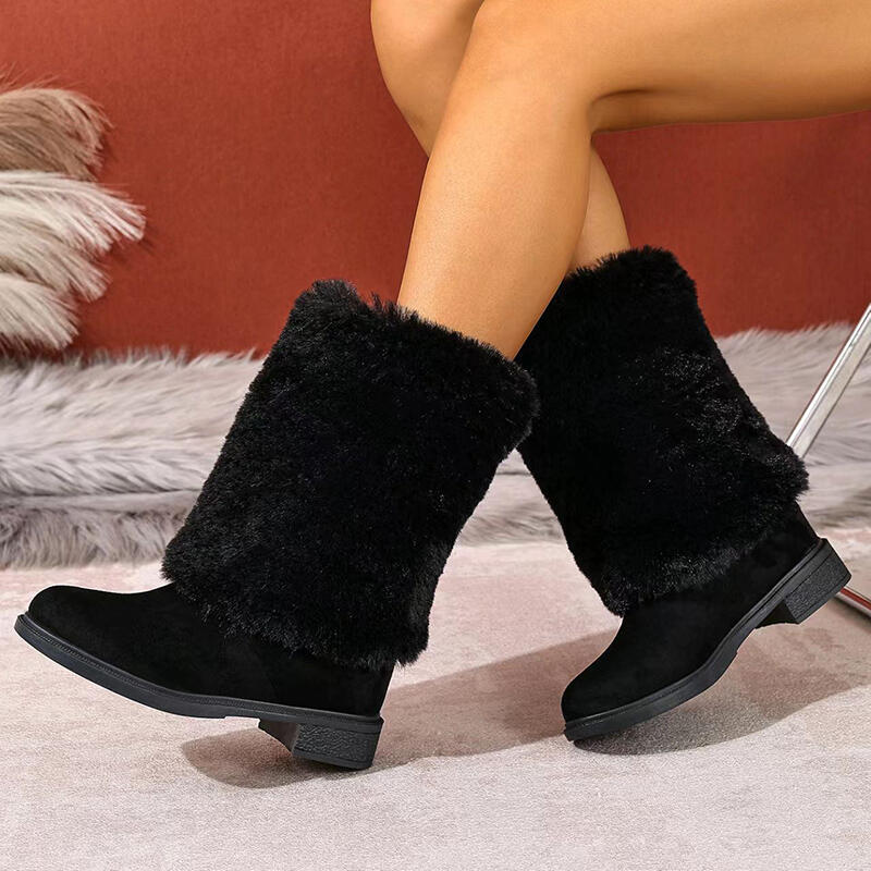 Luxury Faux Fur Thick Heel Suede Mid Calf Boots Women  Winter Fluffy Fur Pipe Designer Snow Boots Woman's Furry Long Booties