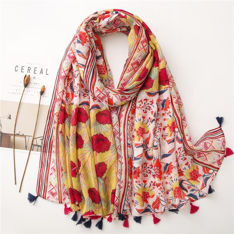 Japanese-Style Cotton & Linen Bohemian Scarf - Cashew Print and Silk Blend, Retro Artistic Design, Sunscreen Towel