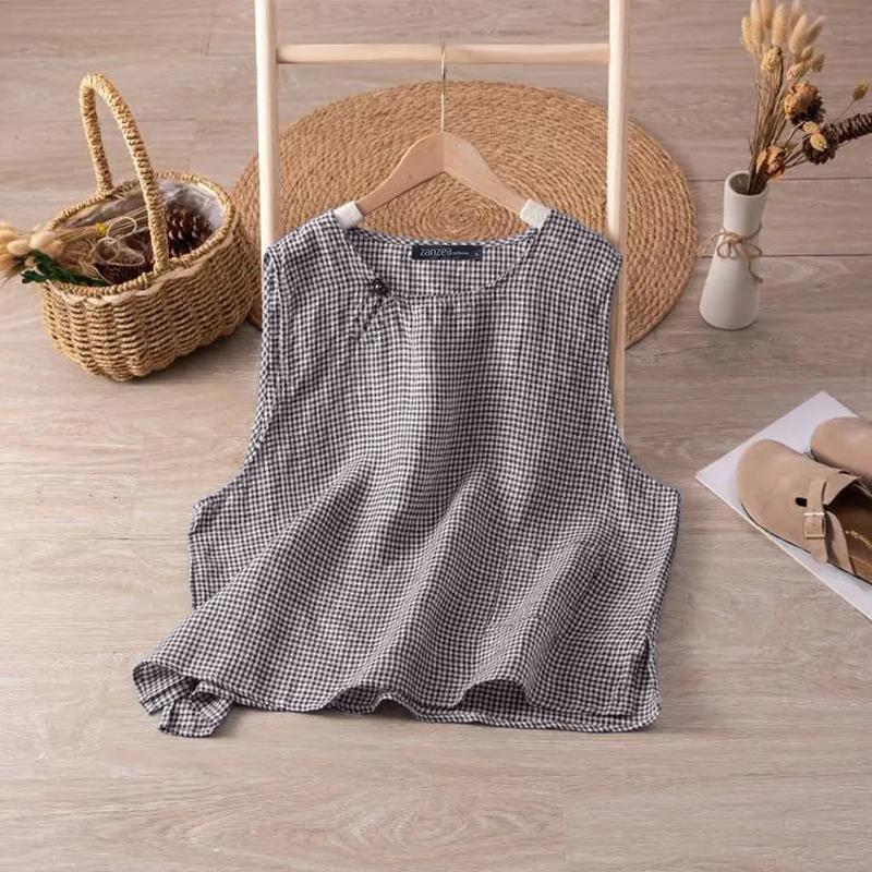 

ZANZEA Womens Casual Round Neck Sleeveelss Plaid Tank Tops 5XL коричневий