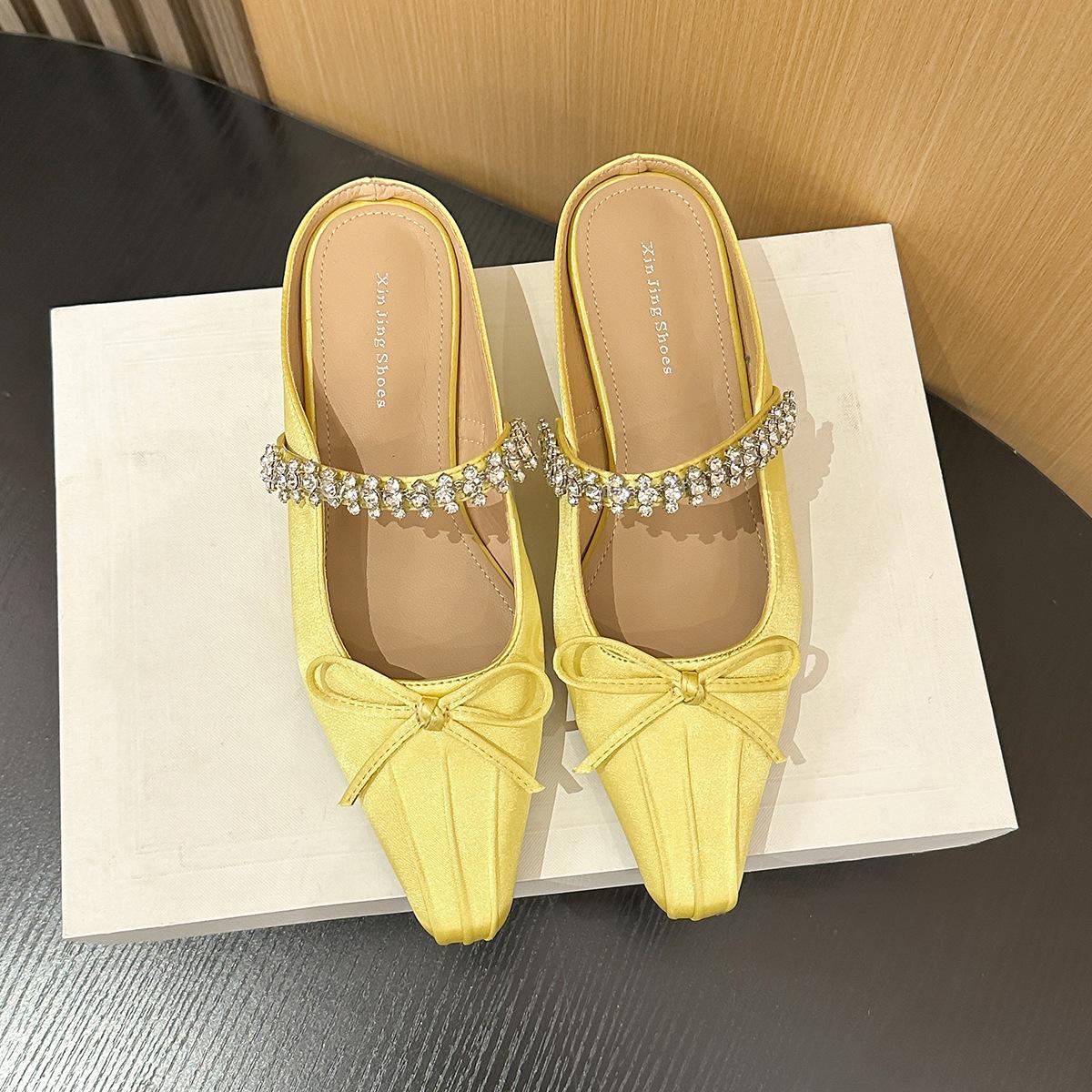

317-2 French cloth rhinestone square head middle heel single shoes new bow pleated bag head empty single shoes women s shoes 40 жёлтый
