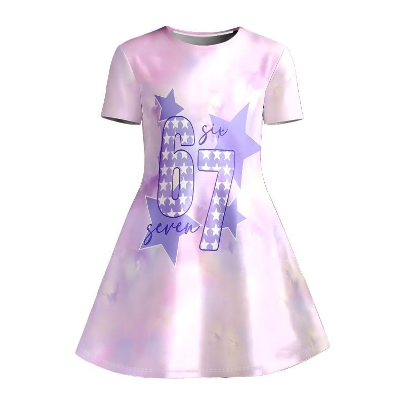 Little Girls Ballet Heart Star Number 67 Glitter Heart Print Round Neck Short Sleeve A-Line Kids Summer Swing Dress