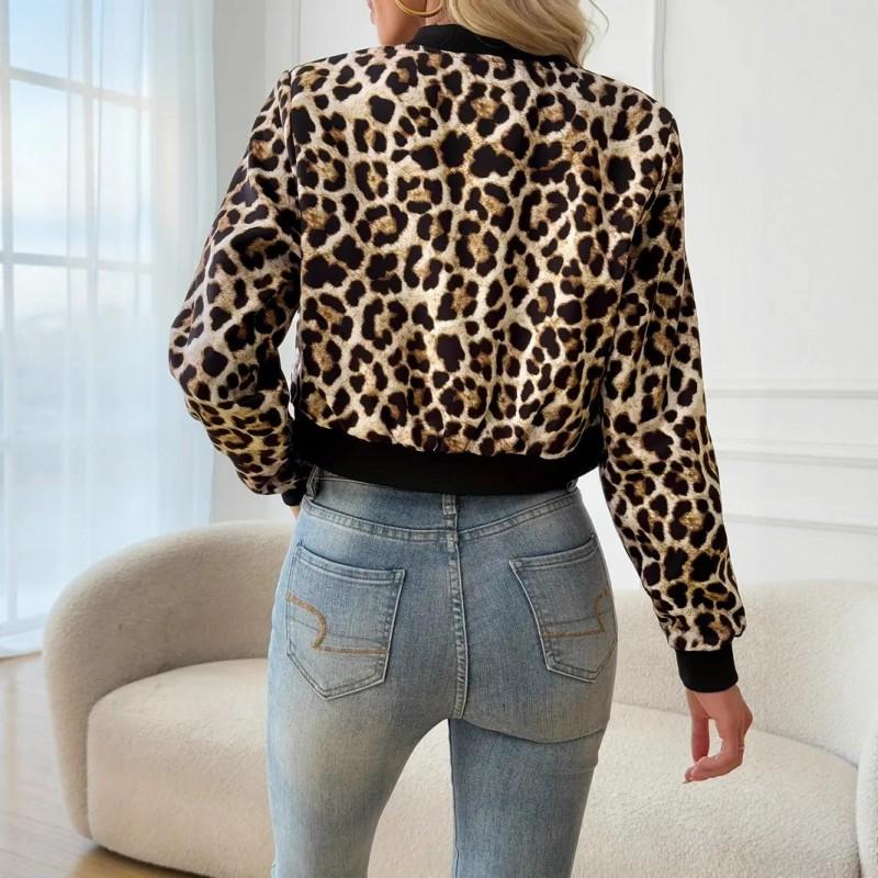 Womens Leopard Print Short Zip-Up Jacket Casual Stand Collar Bomber Style Lightweight Outerwear Office Daily Wear