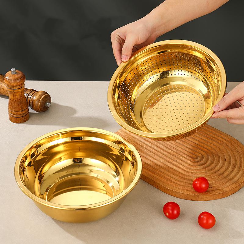 2Pcs/Set Rice Sieve Strainer Stainless Steel Golden Drain Basket Multifunctional Egg Flour Mixing Bowl Kitchen Fruit Soup Basin