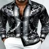 Men Silky Satin Button‑Down Shirt Vintage Silver Baroque Medallion Pattern Long Sleeve Turn‑Down Collar Male Banquet Party Casua