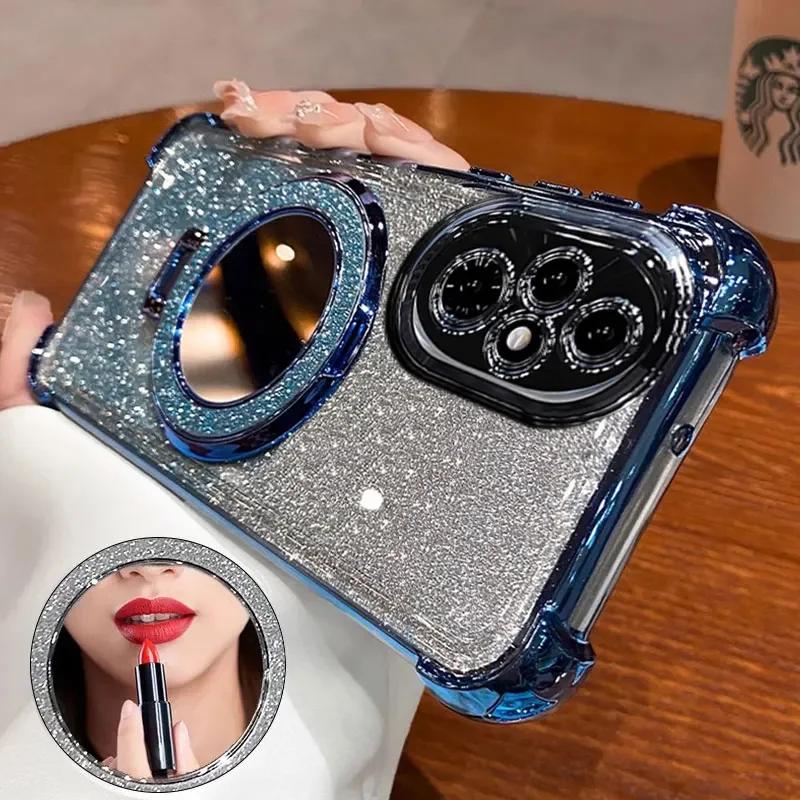Luxury Mirror Holder Bling Glitter Silicone Phone Case for Honor 200 100 Pro 90 80 70 60 Pro Ultra-thin Stand Cover