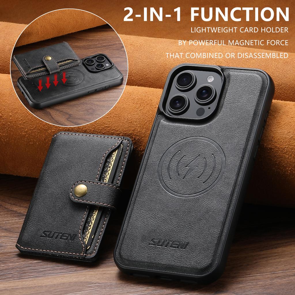 SUTENI M4 For iPhone 13 Pro Magnetic Case with Card Holder Cowhide Texture Leather Back Cover