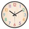 Round Wall Clock 2D Imitation Wood Grain Colorful Numerals Silent Quartz Clock Time Learning Wall Decor for Bedroom Classroom