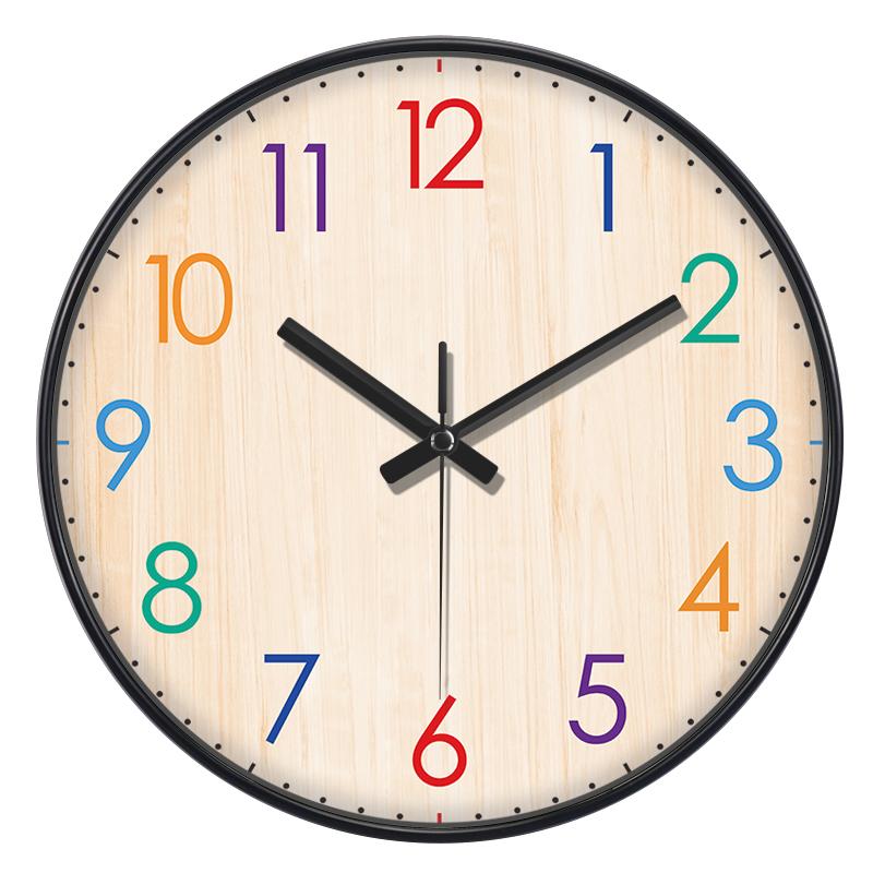 Round Wall Clock 2D Imitation Wood Grain Colorful Numerals Silent Quartz Clock Time Learning Wall Decor for Bedroom Classroom