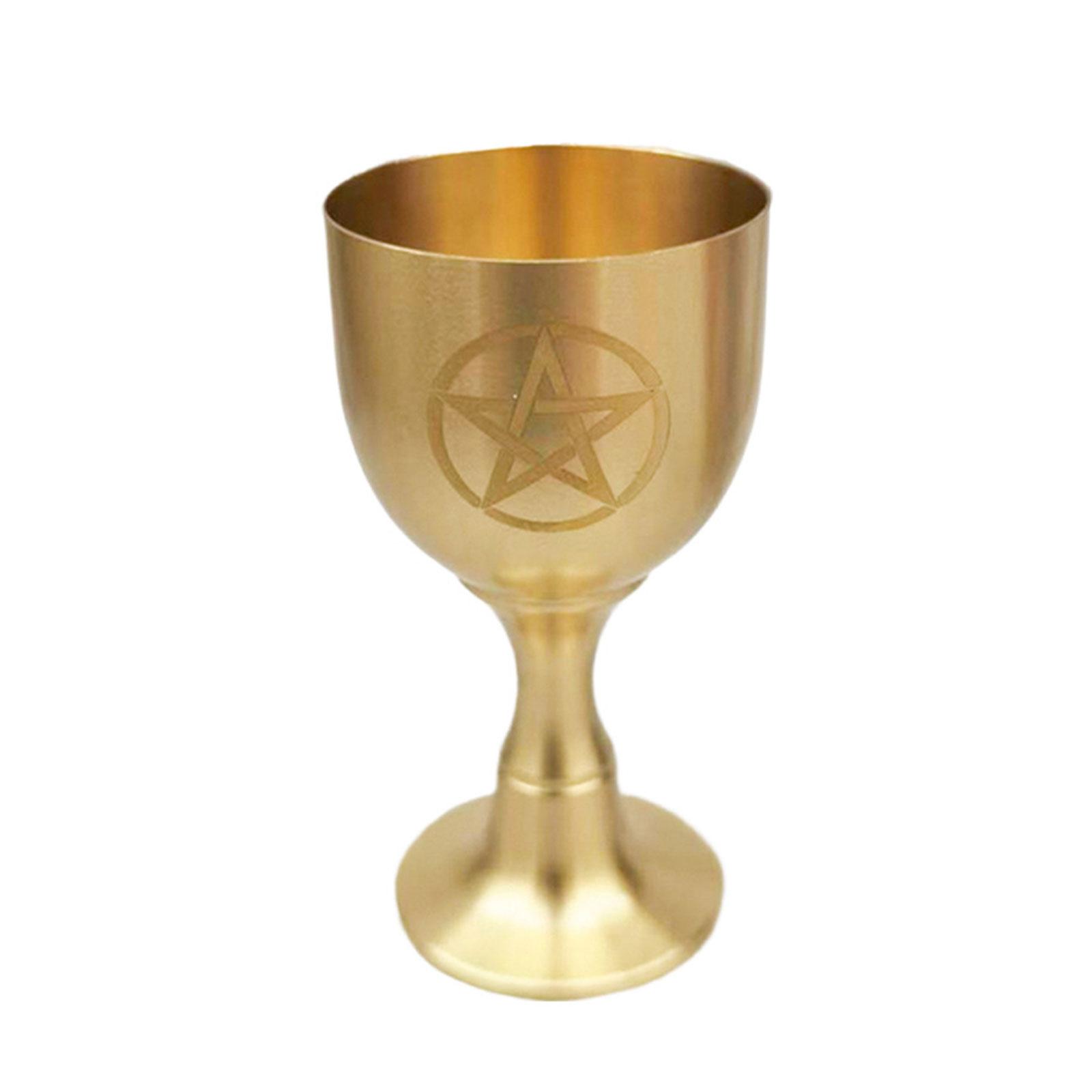 

Artistic High Footed Brasses Cup With Mystical Pattern Pentagrams Chalice For Ritual And Tabletop Decoration