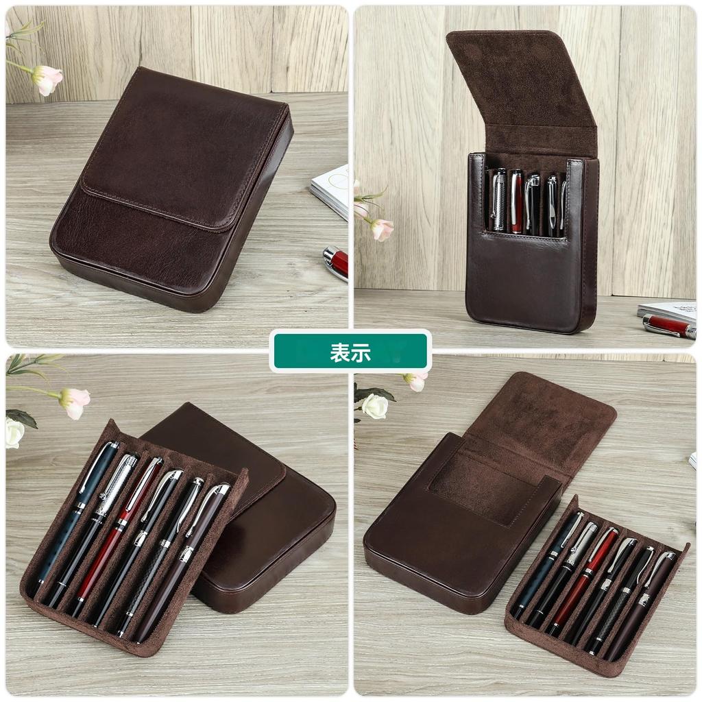 Hiram Fountain Pen Vegetable Tanned Magnetic Divided Pen Storage Holds 6 Pens Case, Leather, Design, Box, (Coffee)
