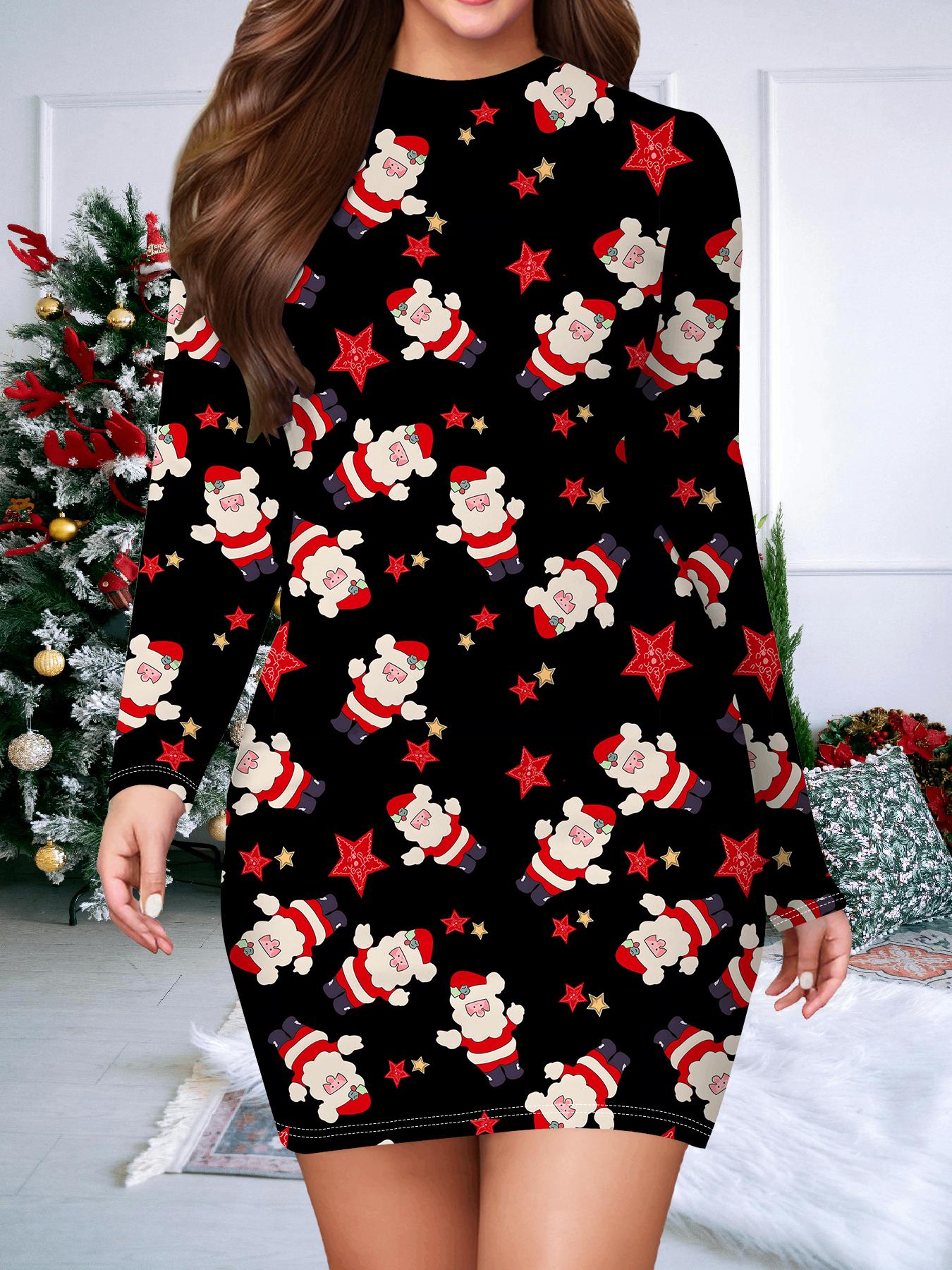 

2025 Осень и Зима Новое Женское Платье в Облипку, 3D Рождественская Печать и Крашение Женская Мода Длинный Рукав Круглый Вырез Сексуальное Платье в Облипку XXL коричневый