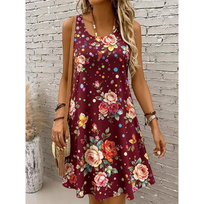 Women's Round Neck Sleeveless Tropical Parrot Print Casual A-Line Mini Dress, Fun Tank Dresses for Spring & Summer