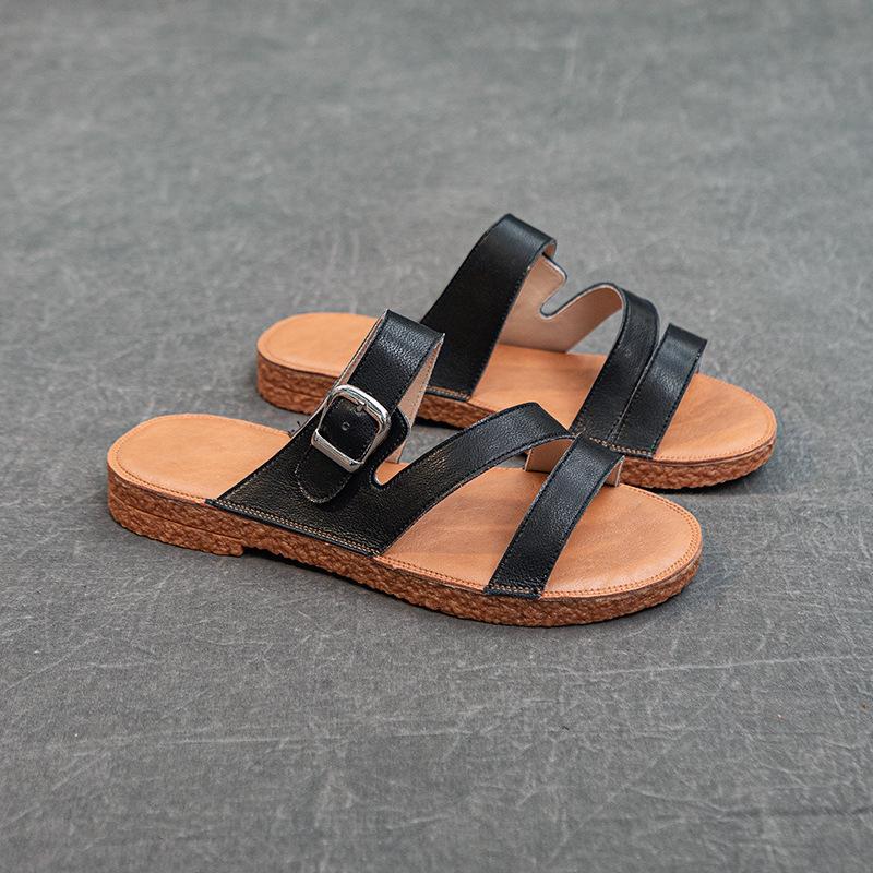 

2025 Новые летние женские кожаные сандалии на плоской подошве, с мягкой подошвой, для повседневной носки, дышащие, с ремешком на одной пряжке, легкие, в римском стиле 43 чёрный