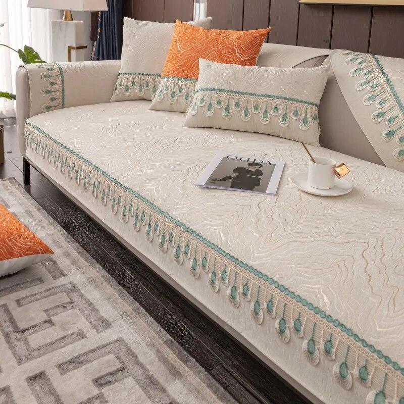 Chenille Sea Wave Jacquard Sofa Cover Universal Anti Slip Four Season Couch Cushion Cover Solid Sofa Mat 70x70cm 1pcs