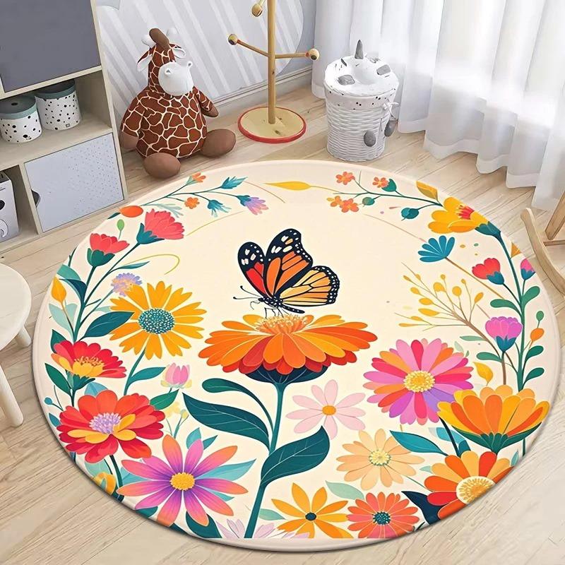 Dense Floral Butterfly Round Soft Non-Slip Art Rug Bohemian Living Room Minimalist Decor Rug