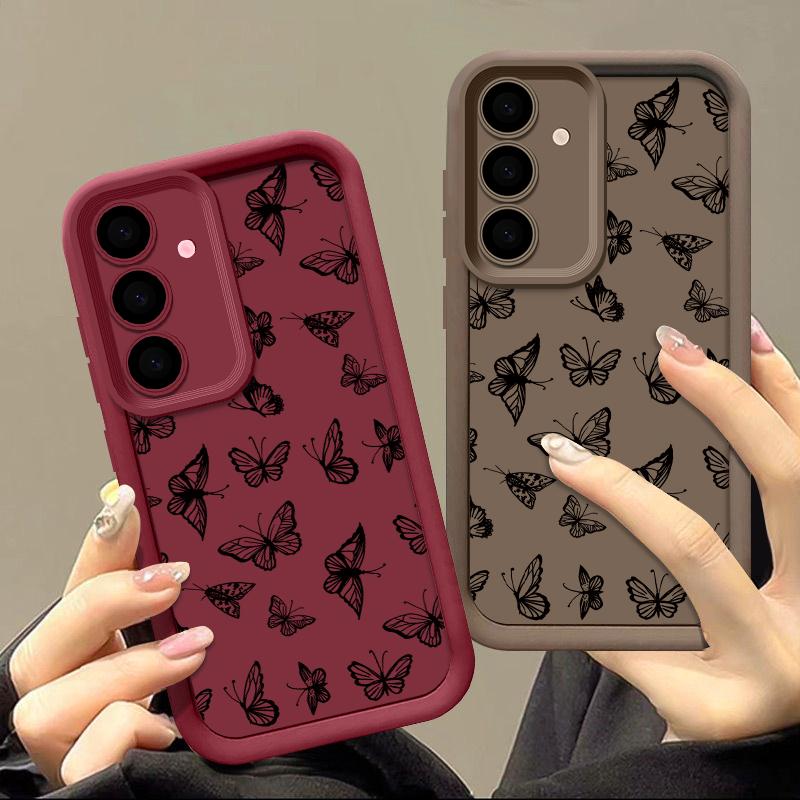 Black Butterfly Print Protection Phone Case Samsung S25 S24 FE S23 Plus S22 S21 Ultra A55 A54 A53 A52 A35 A34 A14 Triecienizturīgs matēts mīksts vāks