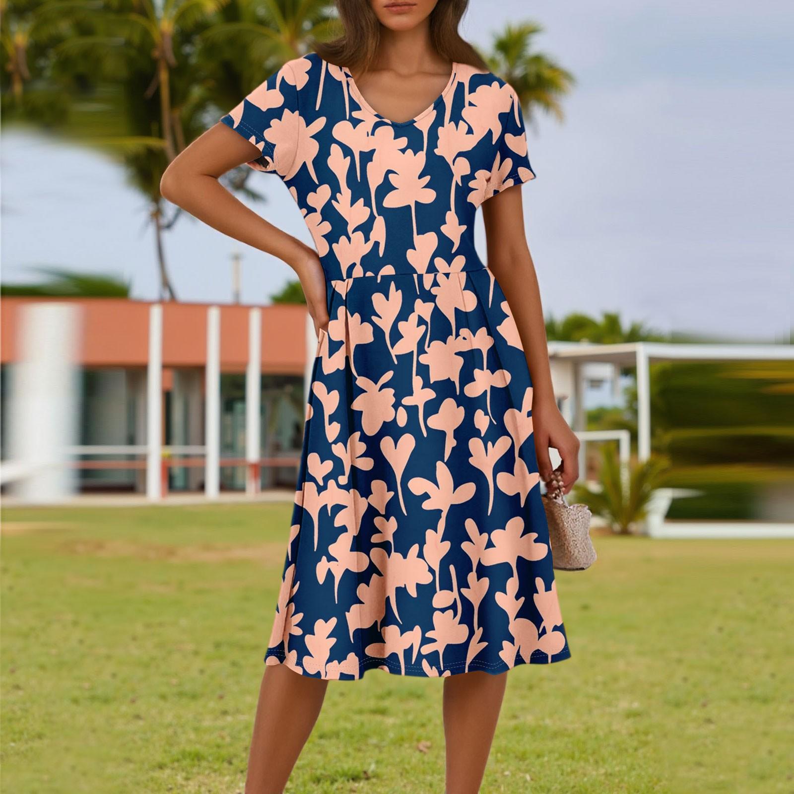 

Женское летнее модное повседневное платье с цветочным принтом, V-образным вырезом, короткими рукавами и карманом XL арбуз красный