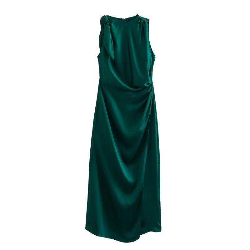 

Women s New Fashion Wind Dress Ruched Decoration Duck Green L
